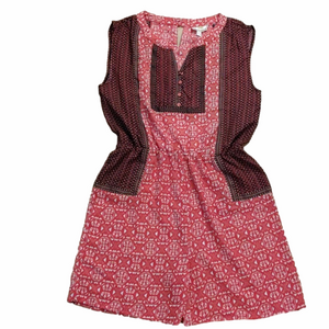 Tanzara Boho Red Tribal Print Sleeveless Romper. Lightweight Summer Fun